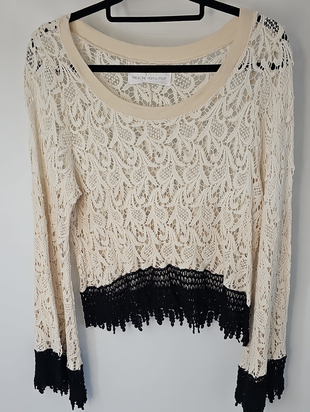 Cream Open Knit Crochet Top w Wide Bell Sleeves Black Trim Dainty Boho Coquette